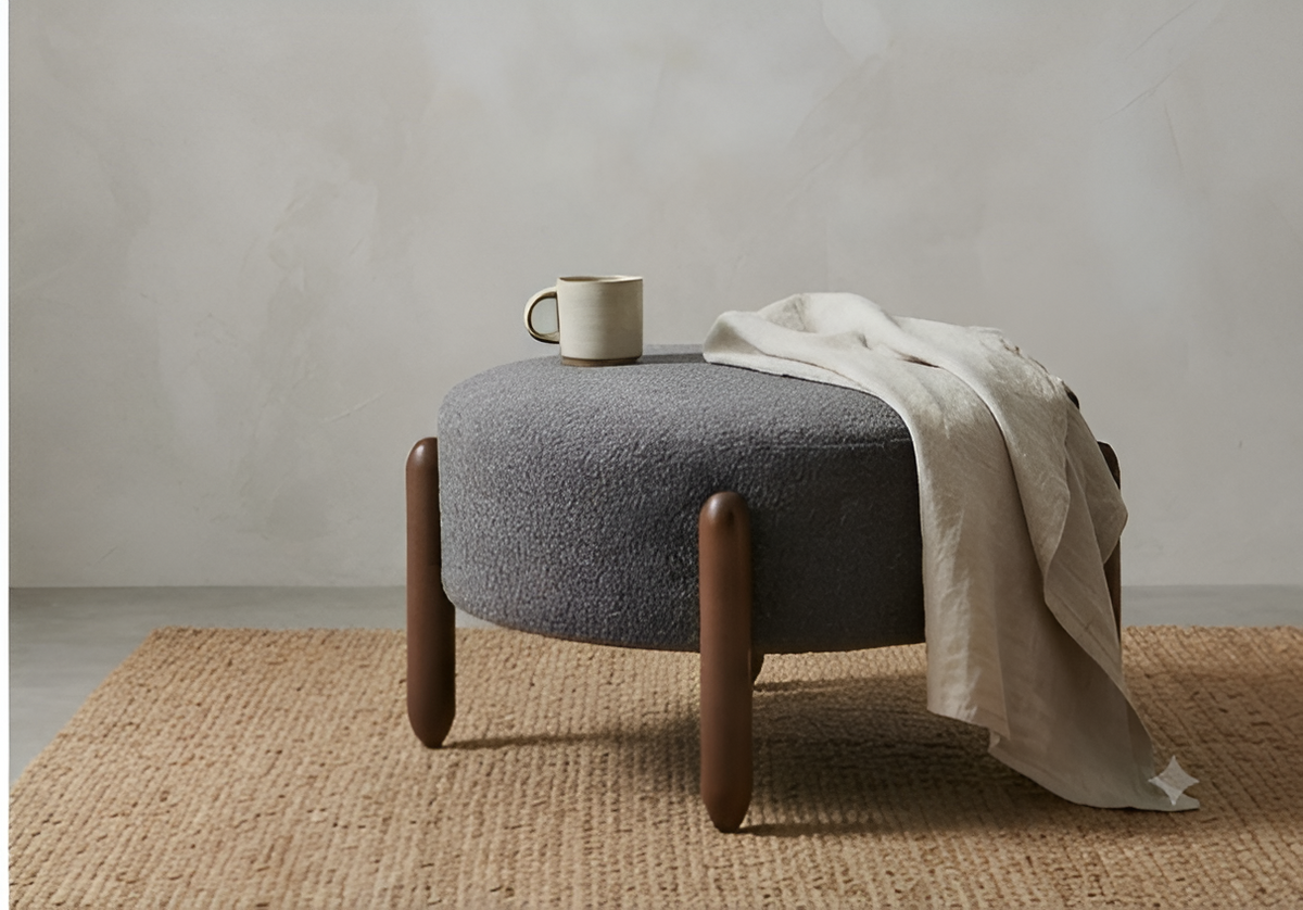 Modern Upholstered Round Ottoman with Unique Wooden Legs – view 6 – Santorini Store