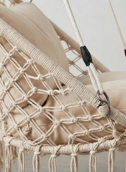 Free-Standing Macramé Hanging Chair with Stand & Beige Cushions