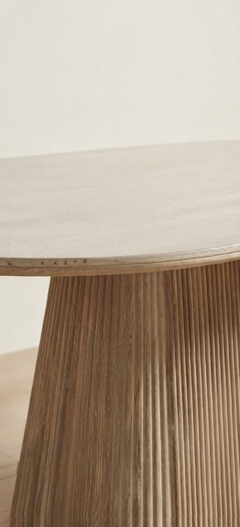 Modern Oval Ceramic Dining Table with Fluted Pedestal Base – Natural Wood Finish