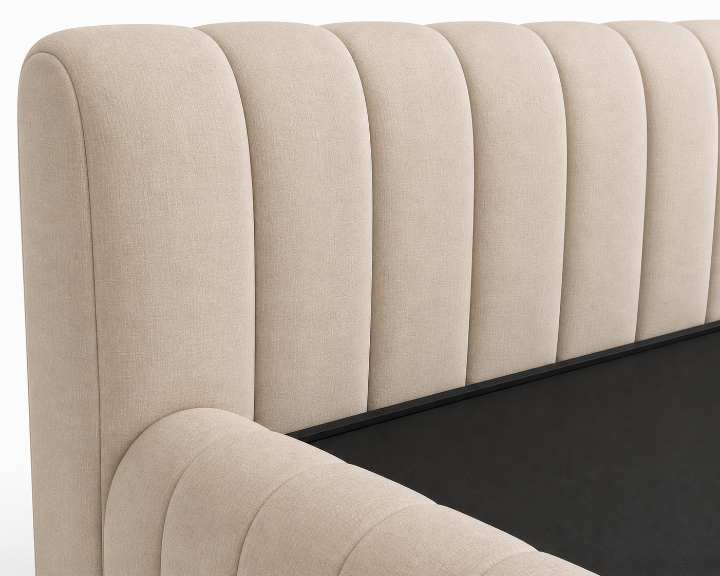 Low-profile artisanal bed base with soft vertical stitch detailing