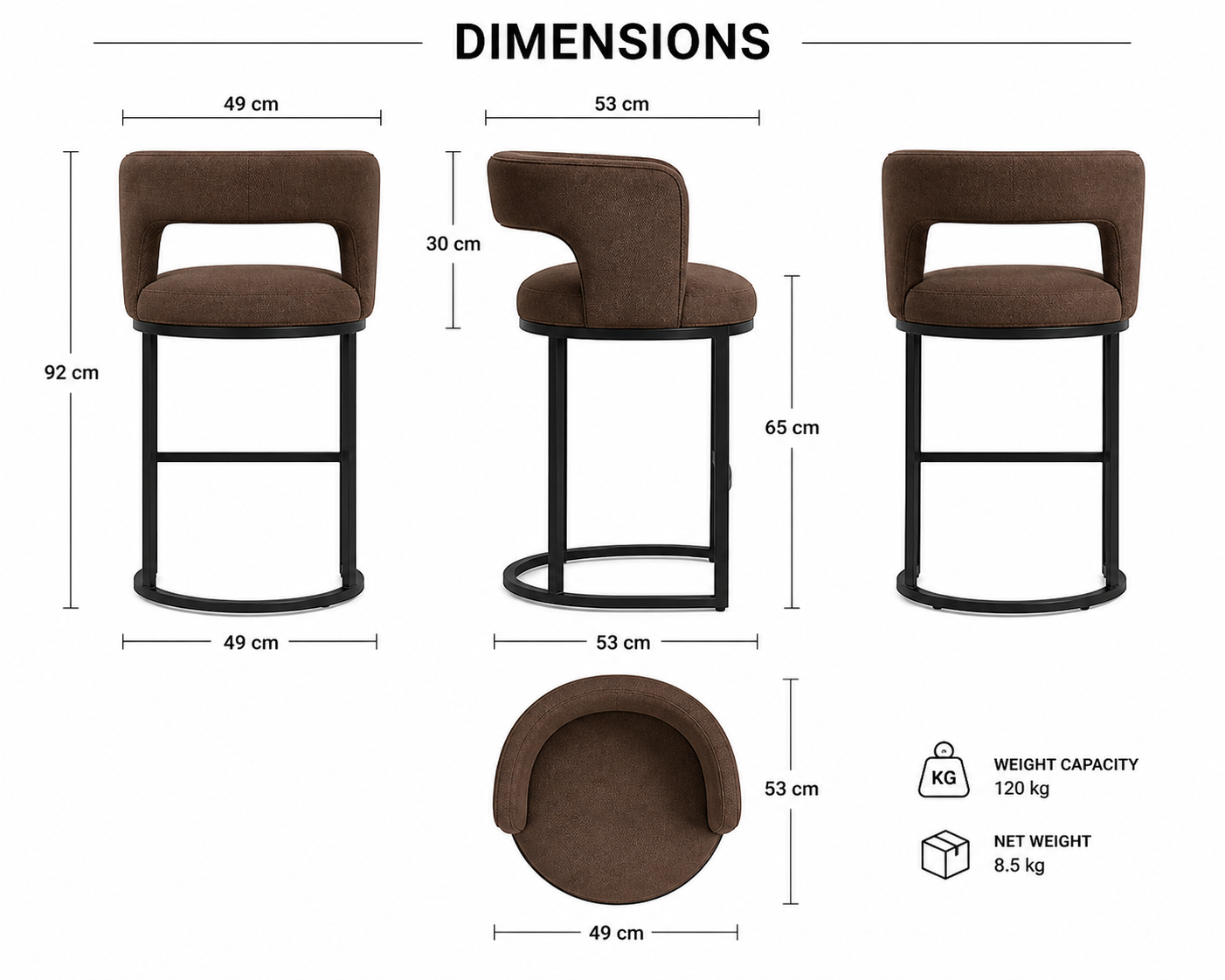 Modern Litha bar chair in premium mocha fabric with a black metal frame