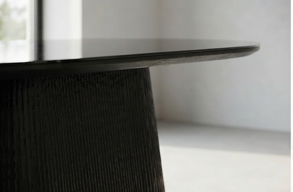 Modern Oval Dining Table with Fluted Pedestal Base &amp; Glass Top – 1800mm