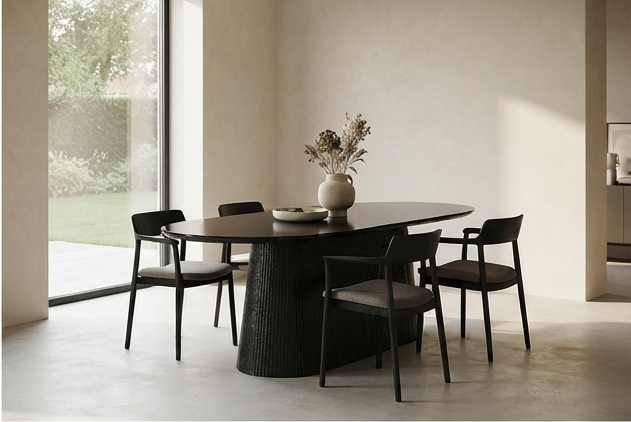 Modern Oval Dining Table with Fluted Pedestal Base &amp; Glass Top – 1800mm
