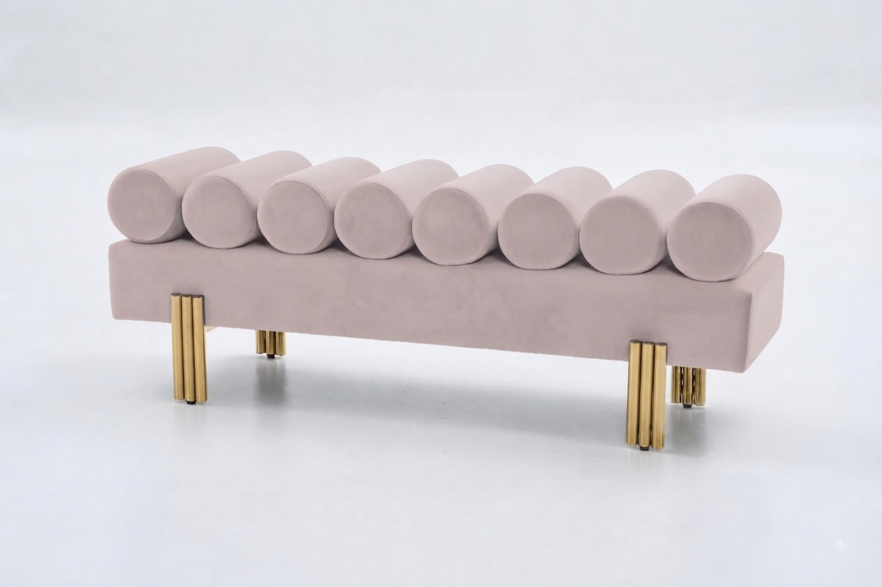 Modern Upholstered Accent Bench with Cylindrical Bolster Rollers