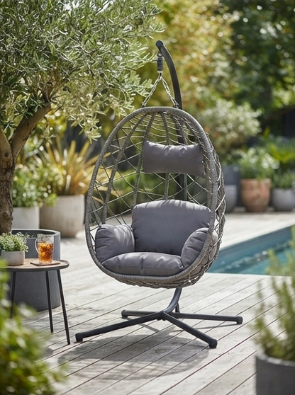 Modern Wicker Hanging Egg Chair with Stand & Cushions