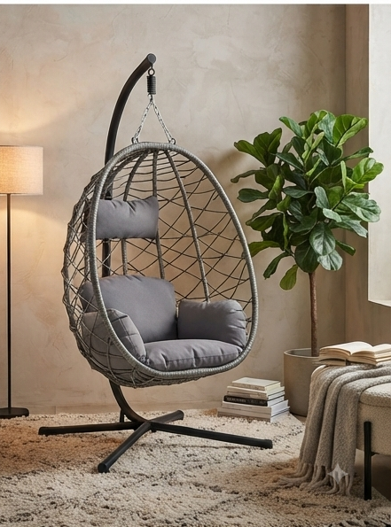 Modern Wicker Hanging Egg Chair with Stand & Cushions