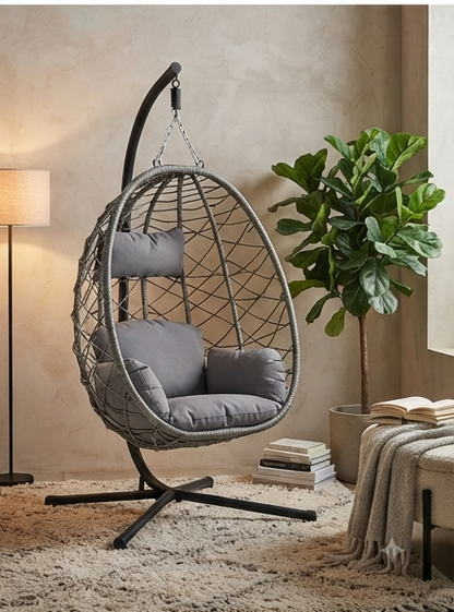 Modern Wicker Hanging Egg Chair with Stand & Cushions