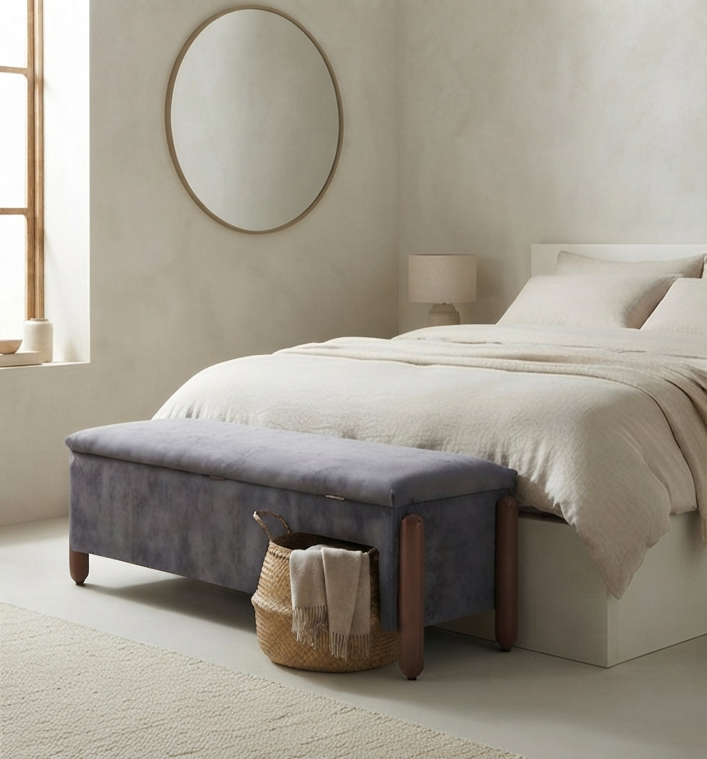 Modern Upholstered Storage Bench with Hydraulic Lift & Wooden Legs – view 2 – Santorini Store