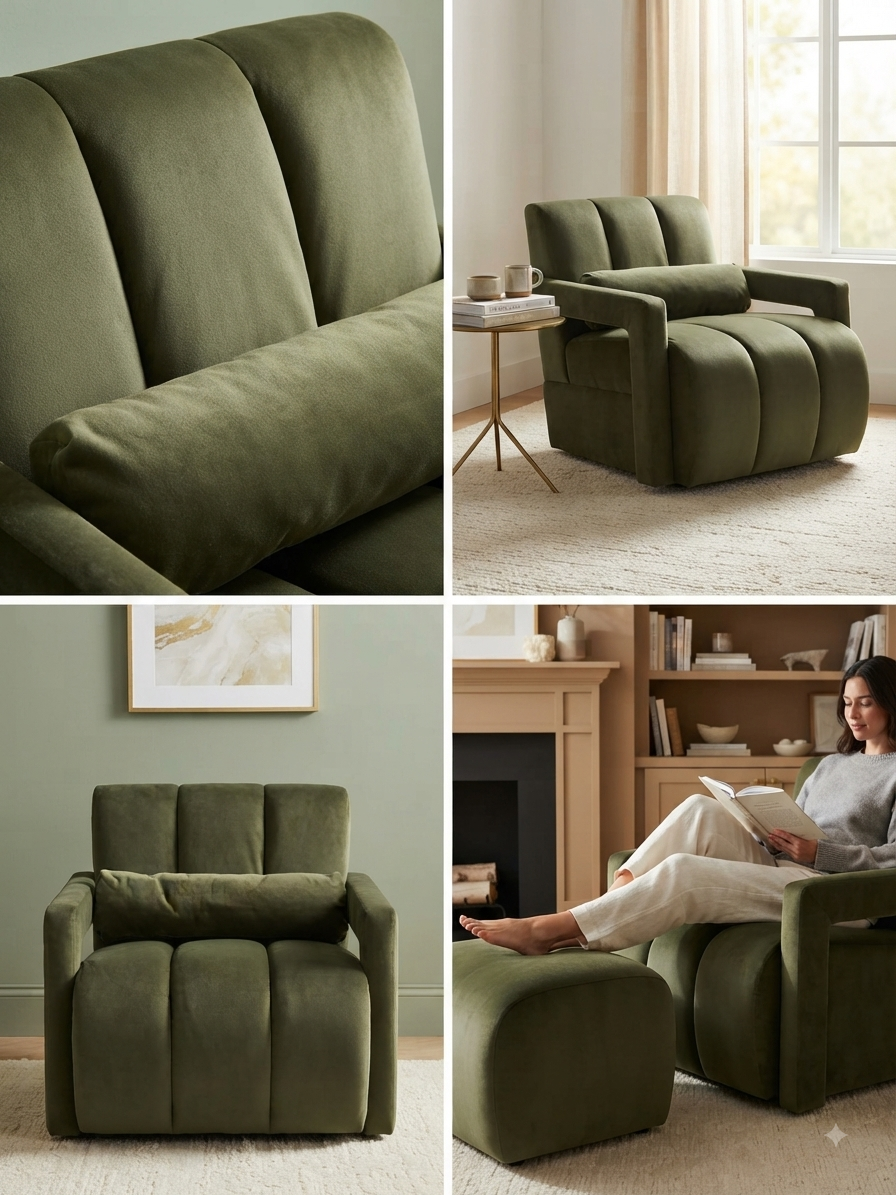 Modern Channel-Tufted Accent Chair with Lumbar Pillow – Olive Green