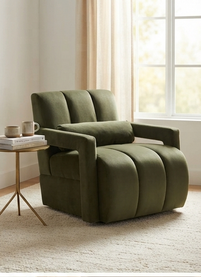 Modern Channel-Tufted Accent Chair with Lumbar Pillow – Olive Green