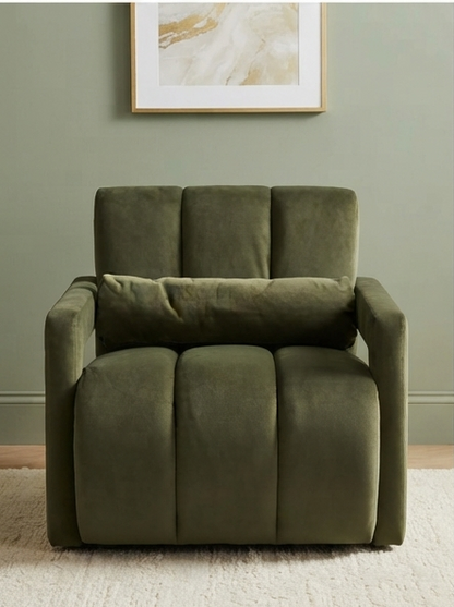 Modern Channel-Tufted Accent Chair with Lumbar Pillow – Olive Green
