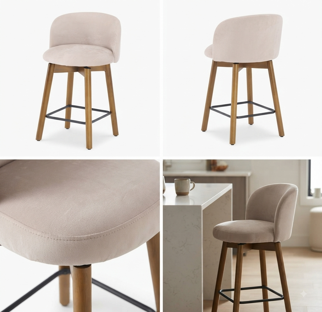 Modern Upholstered Swivel Bar Stool with Wooden Legs & Footrest