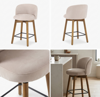 Modern Upholstered Swivel Bar Stool with Wooden Legs & Footrest