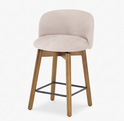Modern Upholstered Swivel Bar Stool with Wooden Legs & Footrest