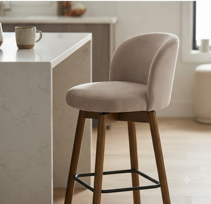 Modern Upholstered Swivel Bar Stool with Wooden Legs & Footrest