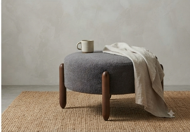 Modern Upholstered Round Ottoman with Unique Wooden Legs