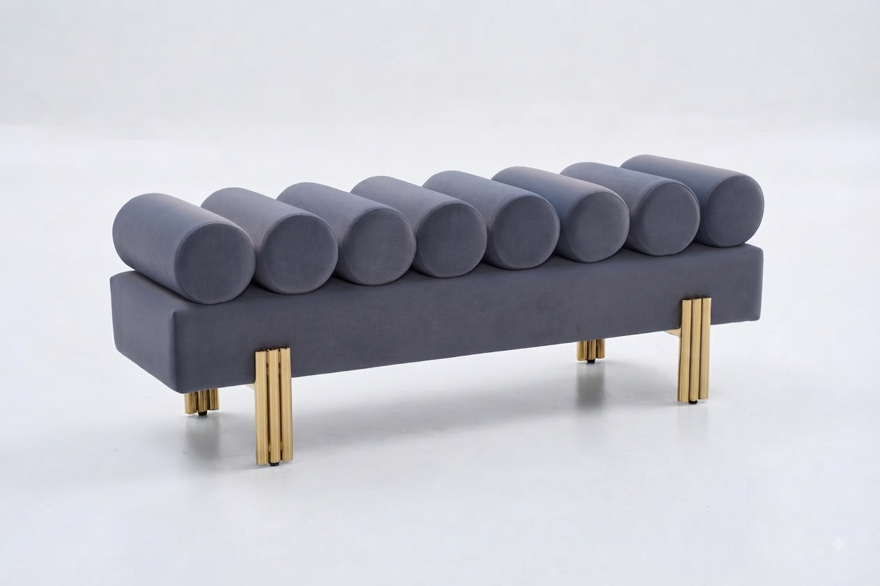 Modern Upholstered Accent Bench with Cylindrical Bolster Rollers
