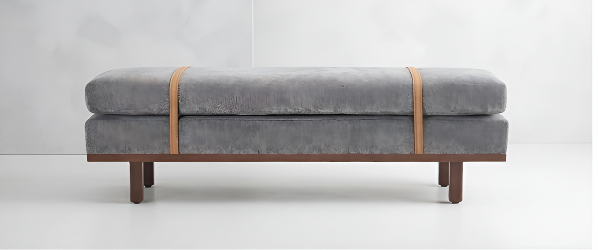 Modern Upholstered Accent Bench with Leather Straps & Wooden Base