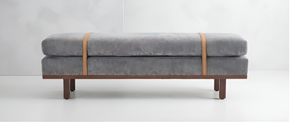 Modern Upholstered Accent Bench with Leather Straps & Wooden Base