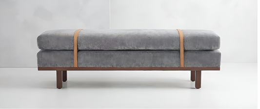 Modern Upholstered Accent Bench with Leather Straps & Wooden Base
