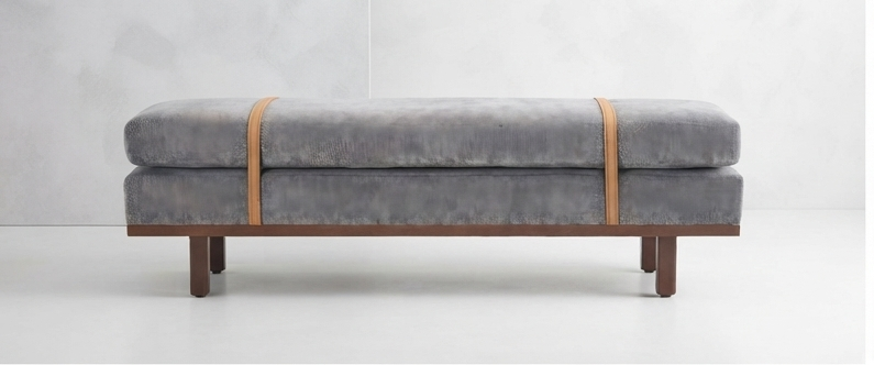 Modern Upholstered Accent Bench with Leather Straps & Wooden Base