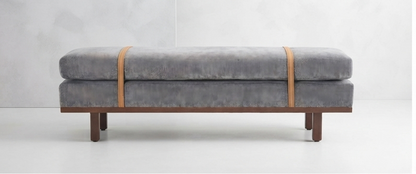 Modern Upholstered Accent Bench with Leather Straps & Wooden Base