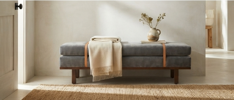 Modern Upholstered Accent Bench with Leather Straps & Wooden Base