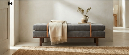 Modern Upholstered Accent Bench with Leather Straps & Wooden Base