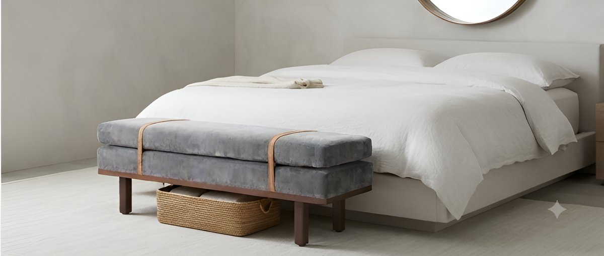 Modern Upholstered Accent Bench with Leather Straps & Wooden Base