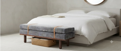 Modern Upholstered Accent Bench with Leather Straps & Wooden Base