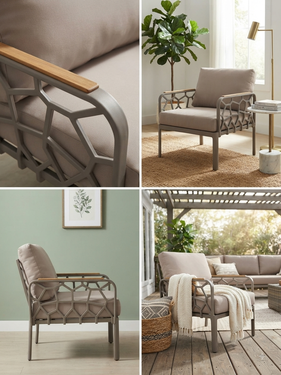 Modern Geometric Metal Accent Chair with Wooden Armrests &amp; Cushions – Taupe