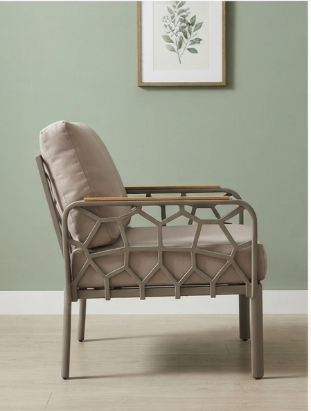 Modern Geometric Metal Accent Chair with Wooden Armrests &amp; Cushions – Taupe