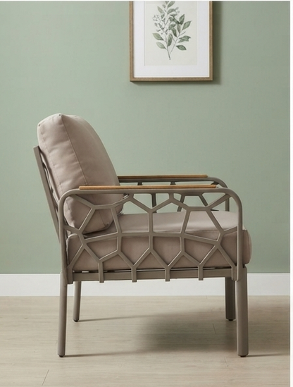 Modern Geometric Metal Accent Chair with Wooden Armrests &amp; Cushions – Taupe