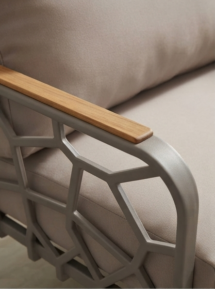 Modern Geometric Metal Accent Chair with Wooden Armrests &amp; Cushions – Taupe