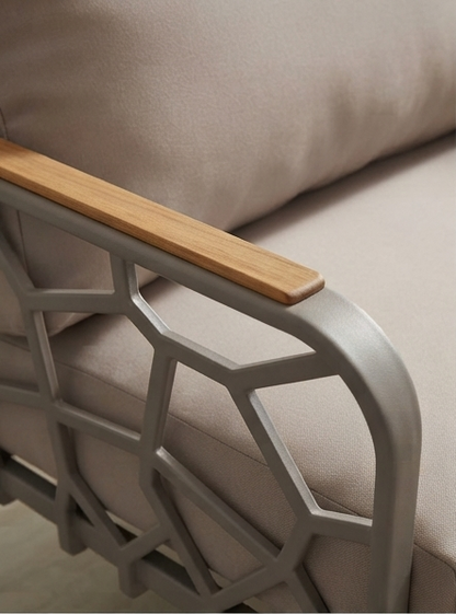 Modern Geometric Metal Accent Chair with Wooden Armrests &amp; Cushions – Taupe