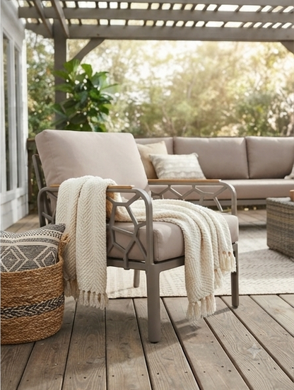 Modern Geometric Metal Accent Chair with Wooden Armrests &amp; Cushions – Taupe
