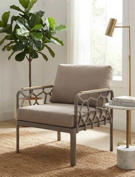 Modern Geometric Metal Accent Chair with Wooden Armrests &amp; Cushions – Taupe