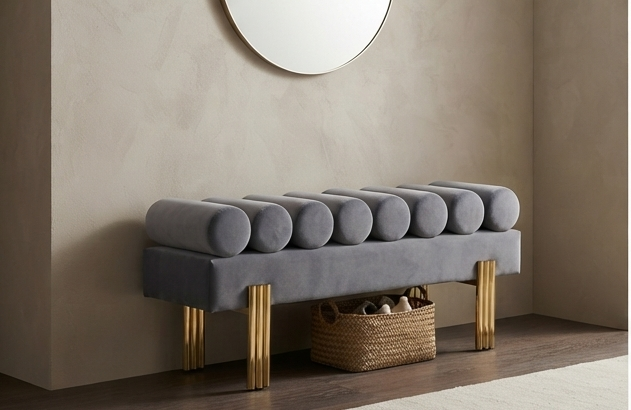 Modern Upholstered Accent Bench with Cylindrical Bolster Rollers