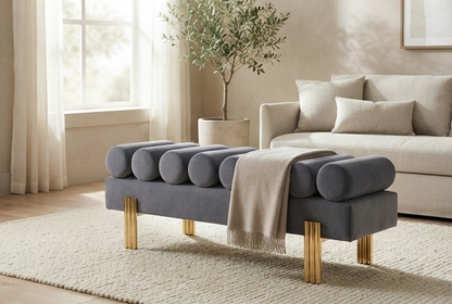 Modern Upholstered Accent Bench with Cylindrical Bolster Rollers