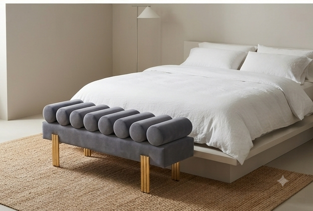 Modern Upholstered Accent Bench with Cylindrical Bolster Rollers