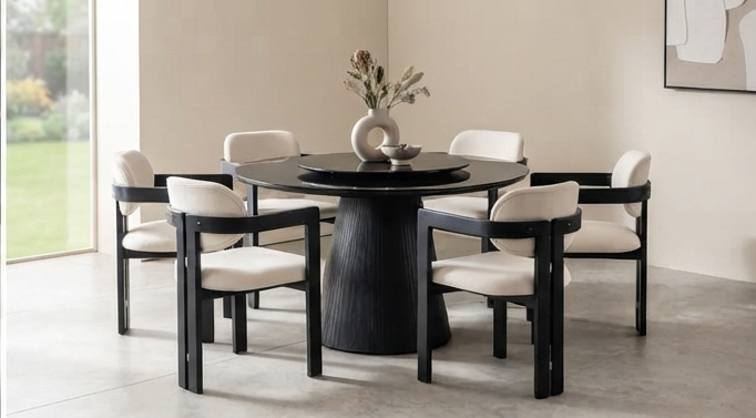 Modern Round Dining Set with Lazy Susan &amp; 6 Upholstered Armchairs – Black &amp; Cream