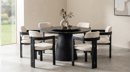 Modern Round Dining Set with Lazy Susan &amp; 6 Upholstered Armchairs – Black &amp; Cream