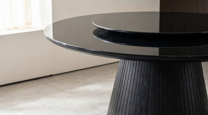 Modern Round Dining Set with Lazy Susan &amp; 6 Upholstered Armchairs – Black &amp; Cream