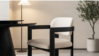 Modern Round Dining Set with Lazy Susan &amp; 6 Upholstered Armchairs – Black &amp; Cream