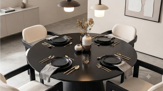 Modern Round Dining Set with Lazy Susan &amp; 6 Upholstered Armchairs – Black &amp; Cream