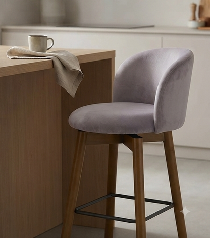 Modern Upholstered Swivel Bar Stool with Wooden Legs & Footrest
