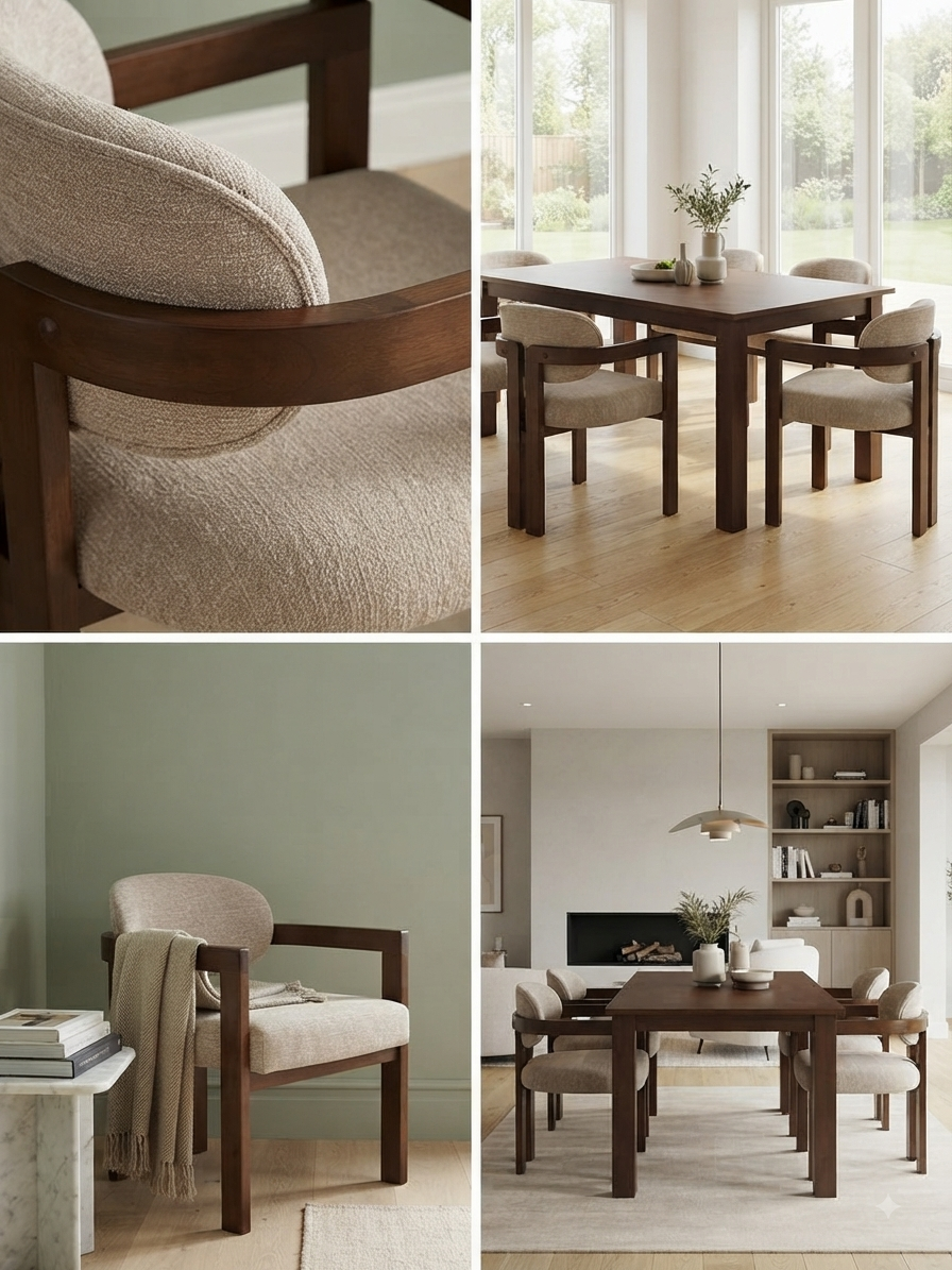 Modern Wooden Dining Set with Upholstered Armchairs – Walnut &amp; Beige