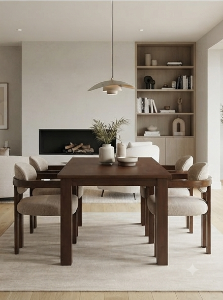 Modern Wooden Dining Set with Upholstered Armchairs – Walnut &amp; Beige