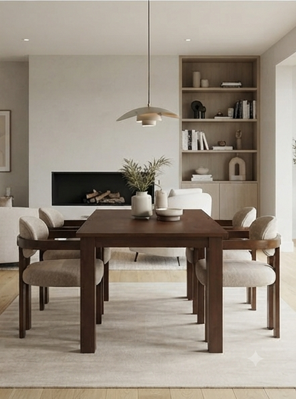 Modern Wooden Dining Set with Upholstered Armchairs – Walnut &amp; Beige