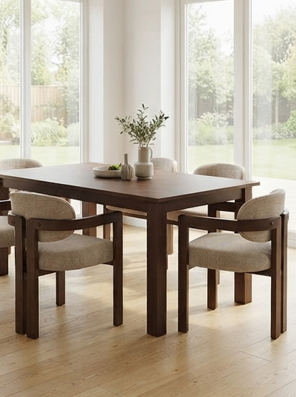 Modern Wooden Dining Set with Upholstered Armchairs – Walnut &amp; Beige